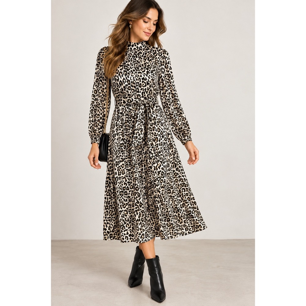 LOFT Leopard Print Mock Neck Midi Dress Size 0 Long Sleeve Belted Satin Finish